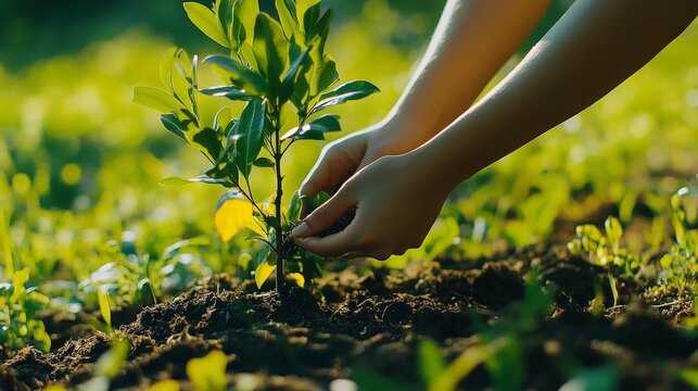 A person planting a tree in a lush green field, symbolizing growth, hope, and the uplifting feeling of contributing to a better future for the environment.