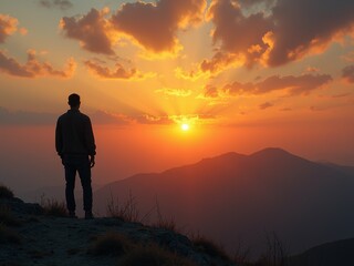 Obraz premium Silhouetted Figure Enjoying a Breathtaking Sunset Over the Mountainous Horizon