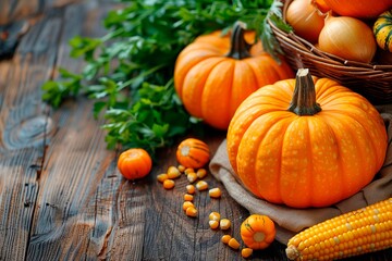 Autumn harvest display featuring fresh pumpkins, corn, and vegetables on rustic wooden table
