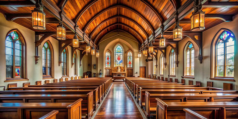 Fototapeta premium Serene interior of a traditional Christian church featuring Wooden pews lined up in neat rows beneath stunning stained glass windows and a high ceiling.