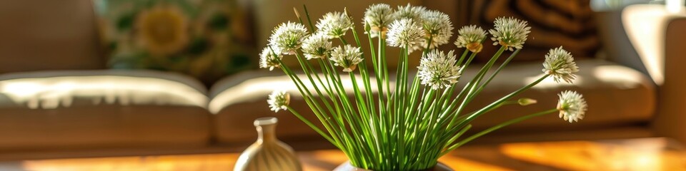 Chives in bloom arranged in a vase on a living room table