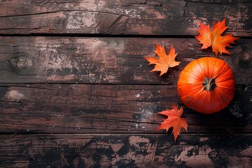 Colorful pumpkin surrounded by autumn leaves on rustic wooden table, copy space for text