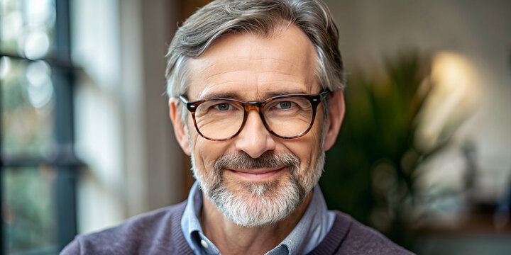 Serene middle-aged man with gentle facial expression, wearing glasses and a warm smile, looking directly at the camera with a sense of calm confidence.