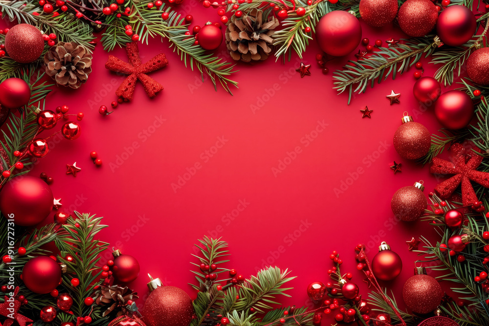 Poster christmas background with fir branches, decorations and ornaments in the frame and empty space on re