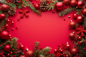 Christmas background with fir branches, decorations and ornaments in the frame and empty space on red. Top view