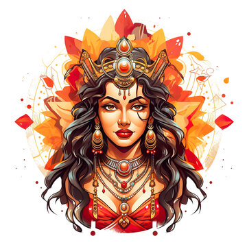 A woman with long black hair and red lips wearing a gold crown and gold jewelry