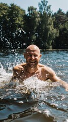 Man Swimming in a Lake on a Sunny Day