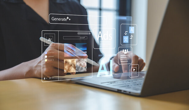Young man using laptop with Ai assistant. command to create something, Generate images by artificial intelligence.
