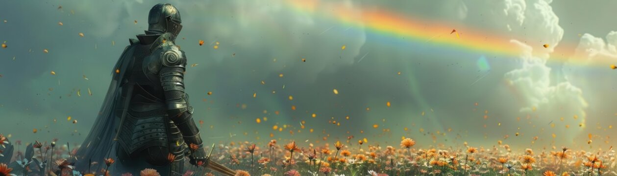 Knight in ethereal armor, standing in a field of flowers under a rainbow, a serene look