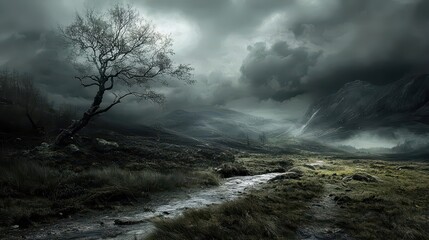 Obraz premium A moody landscape photo with added effects and digital manipulation, creating a dramatic visual,