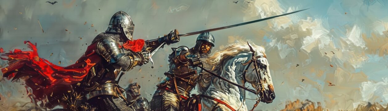 Knight wielding a medieval sword, clashing with an enemy on horseback
