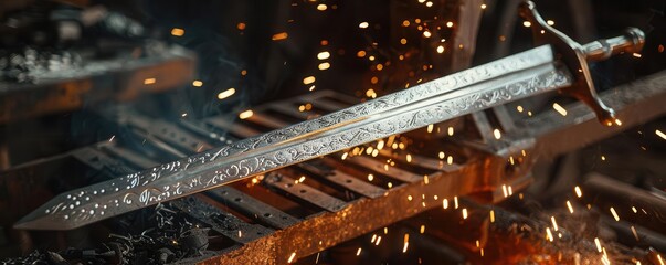 Medieval sword in a blacksmiths forge, sparks flying as its being crafted