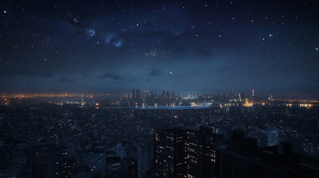 A breathtaking view of a city skyline under a starry night sky, showcasing tall buildings, distant landmarks, and twinkling stars illuminating the serene night.