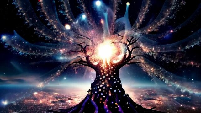 Cosmic winds carry dandelion seeds that transform into miniature galaxies. Each galaxy spins, emitting spiral arms of stardust and quantum particles
