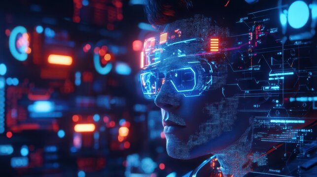 Digital holographic know your customer KYC identification with advanced tech interface, cyberpunk, neon blue, 3D render