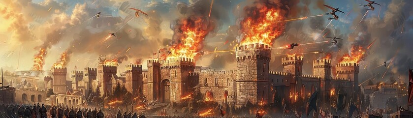 Siege with aerial units dropping firebombs on castle