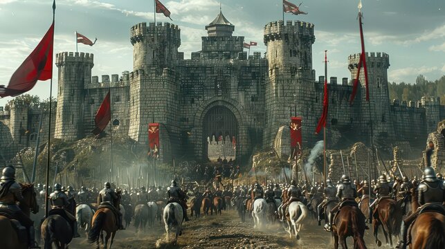 Siege with cavalry charging at castle gate, intense clash