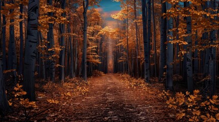 Obraz premium Forest trail with golden leaves and a twilight sky background, photorealistic, tranquil