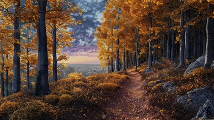 Obraz premium Forest trail with golden leaves and a twilight sky background, photorealistic, tranquil