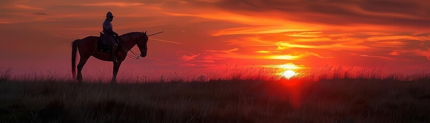 Fototapeta premium Warhorse and knight at sunset, silhouetted against a burning horizon