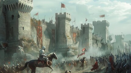 Warhorse and knight in a dramatic siege, storming a castle wall