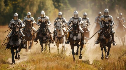 Armored knights on horseback are charging forward. They are carrying swords and lances, and their armor is gleaming in the sun. The knights are riding in formation, and their horses are galloping
