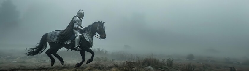 Naklejka premium Warhorse in full plate armor, galloping across a foggy battlefield