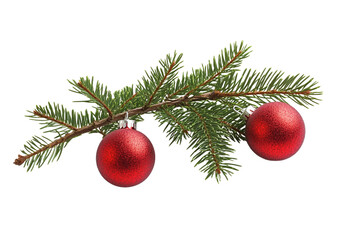 Obraz premium Fir tree branch with two red Christmas balls isolated on white background