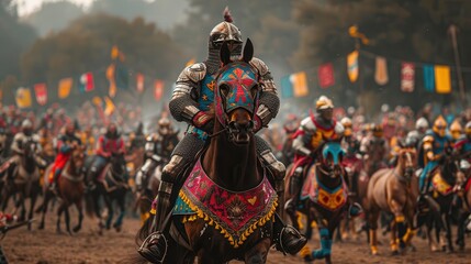 Warhorse in vibrant armor, amidst a festive medieval tournament