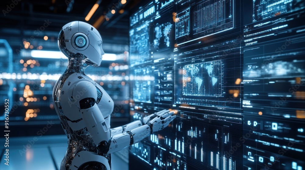 Wall mural futuristic ai robot interacting with a digital interface