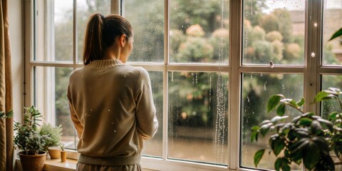 Woman looking out rainy window in contemplation