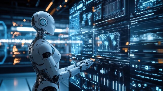 Futuristic AI Robot Interacting with a Digital Interface