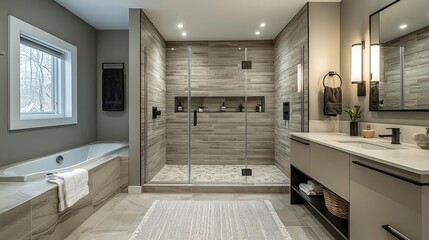 Modern bathroom with walk-in shower, floating vanity, and sleek fixtures, Bathroom renovation ideas, Spa-like retreat