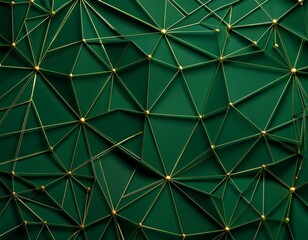 Abstract deep green 3d background with polygonal pattern, little golden dots, dark outline golden