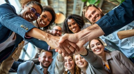 A group of people are holding hands in a circle, smiling