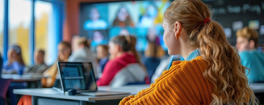 Interactive remote classroom, teacher using digital lesson planning, embracing online education trends