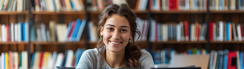 Student during online exams, organized distance learning space, virtual library resources at hand