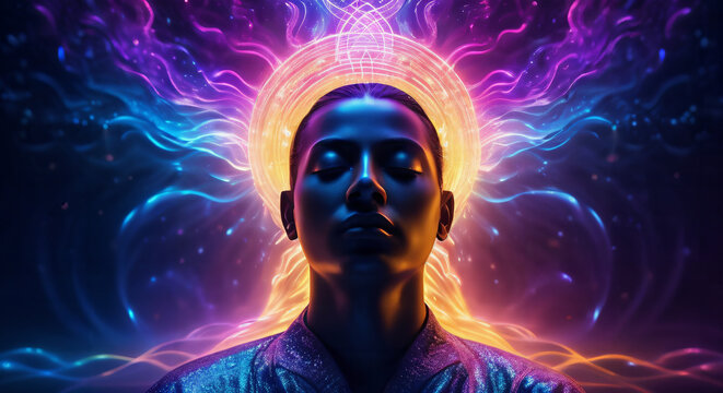 Illustration von Gedanken im Kopf in Neonfarben gehalten . KI Generated