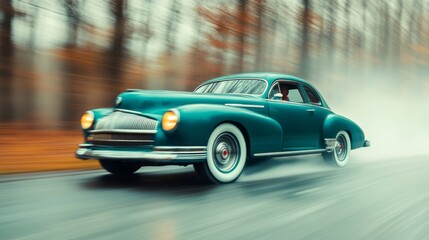Obraz premium Vintage blue car driving through a rain-soaked forest road in autumn