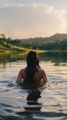 Fototapeta premium Woman Swimming in a Lake at Sunset