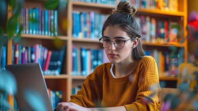 Student taking online exams, distance learning setup, utilizing virtual library resources