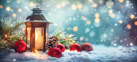 Christmas lantern on snow outdoors at eve night with decorations and ornaments