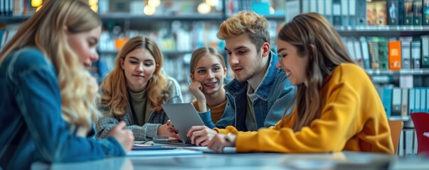 Fototapeta premium Students in a collaborative group video chat, solving virtual learning challenges, sharing online study tips