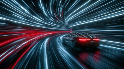 A sleek sports car races through an illuminated tunnel of vibrant blue and red lights at night