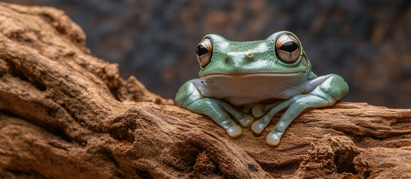 Green Tree Frog on a Branch. whites tree frog sitting on branch, dumpy frog on branch, closeup. AI generated image