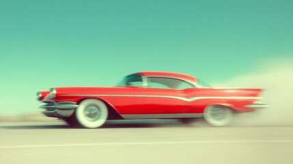 Classic red vintage car speeding down an open highway under a clear blue sky