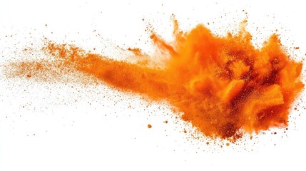 Orange powder explosion, isolated on white, with a focus on the rich, bright color and dynamic dispersal. Great for industrial printing and festive visuals.