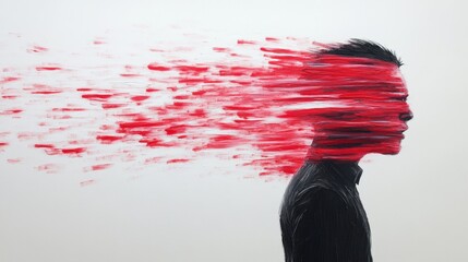 Abstract portrait of a person with a blurred red background, representing motion and emotion in a minimalist art style