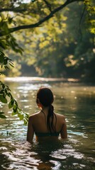 Fototapeta premium rear view Asian Woman in a River