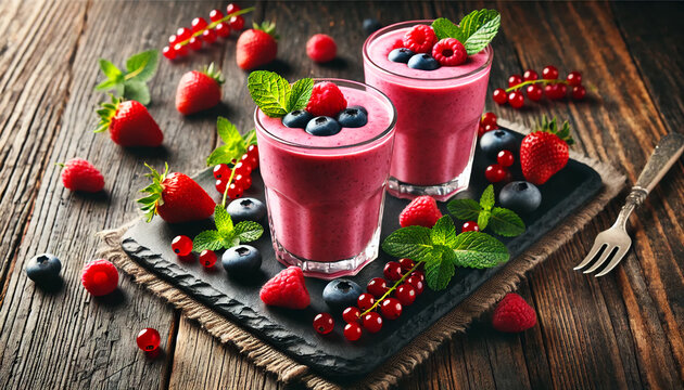 Two glasses of fresh pink smoothies. The smoothies are made from raspberries blueberries and red currants. Blackberry and raspberry smoothies in glass with mint leaf and raw beeries on the table.